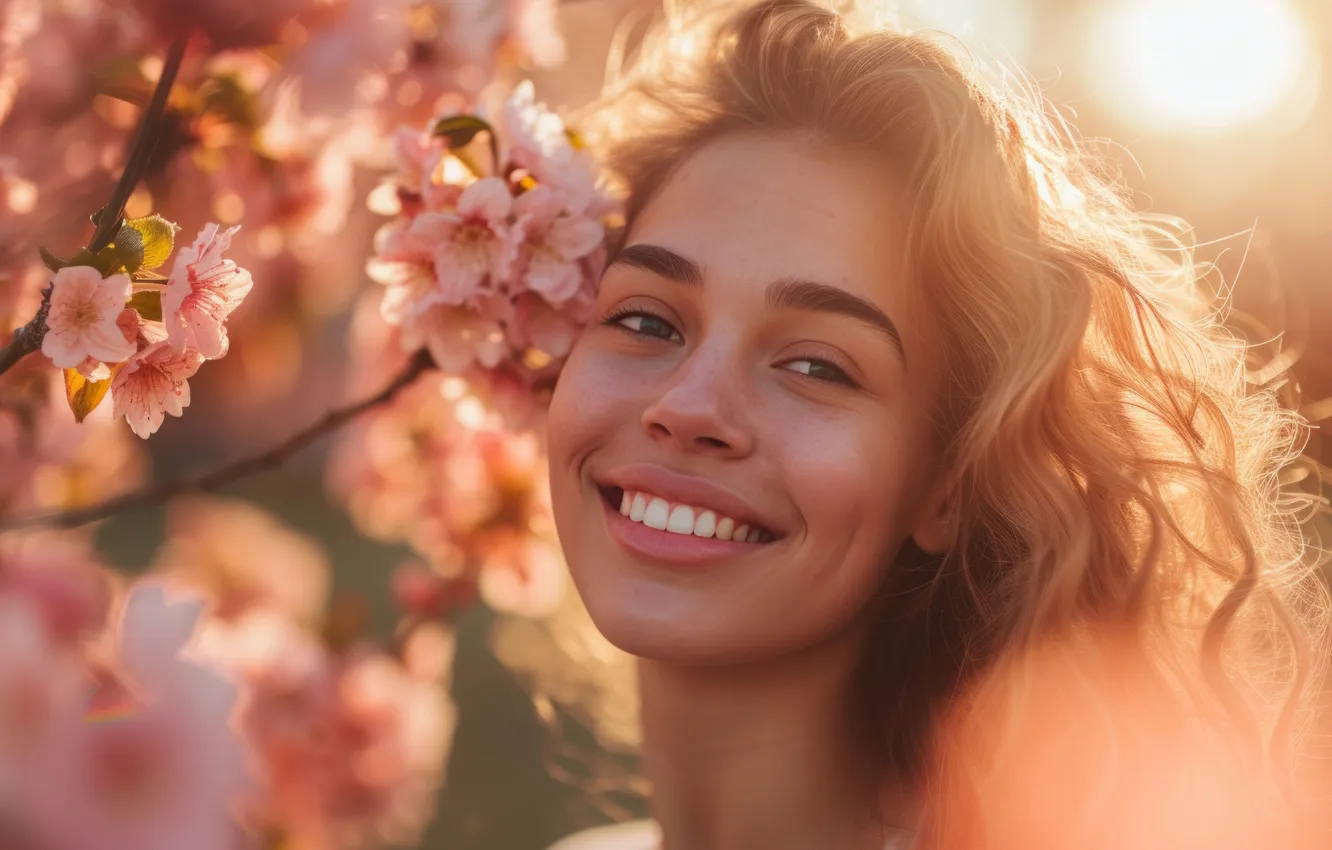 Photo wallpaper look, girl, the sun, light, flowers, branches, face, cherry