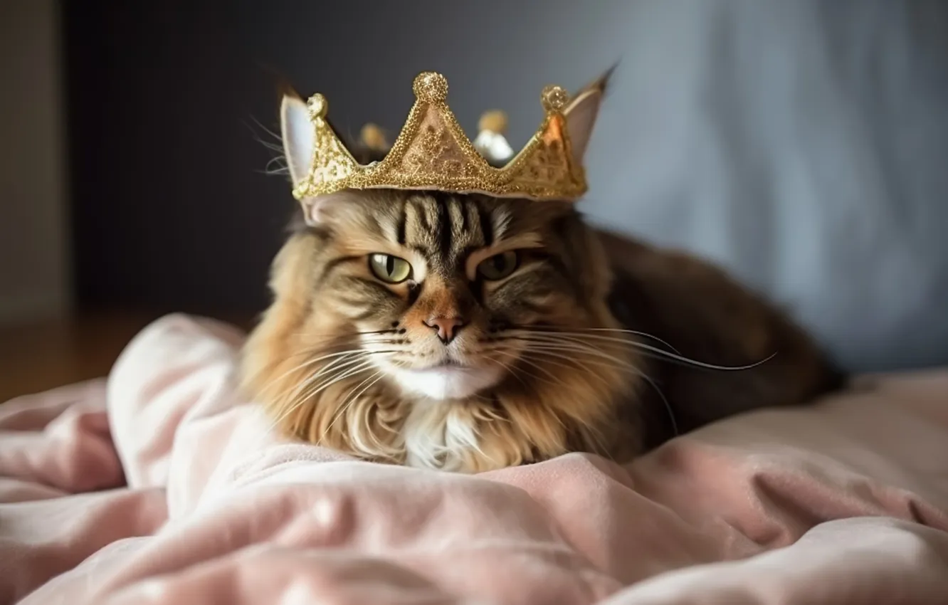 Photo wallpaper cat, cat, look, pose, grey, crown, fabric, lies