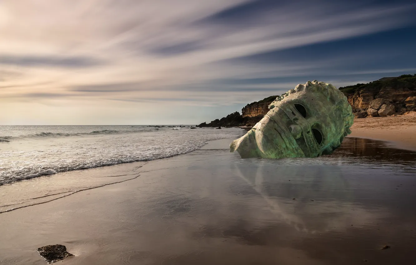 Photo wallpaper sand, sea, wave, beach, the sky, clouds, rocks, shore