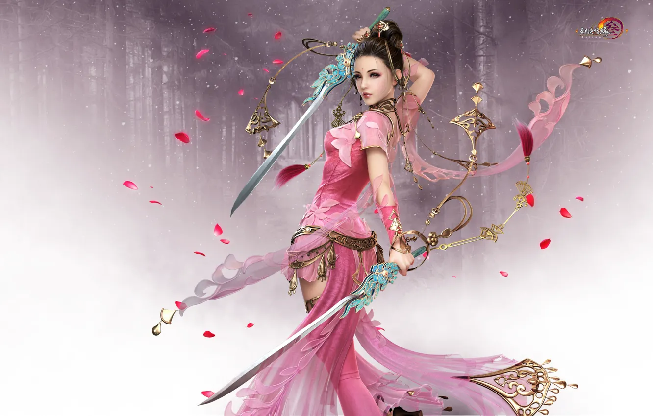 Photo wallpaper forest, look, girl, pose, pink, petals, swords, JX online