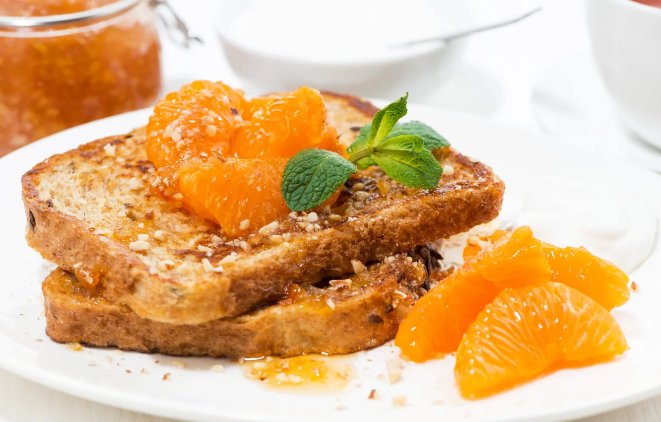 Photo wallpaper Breakfast, bread, jam, toast, tangerines