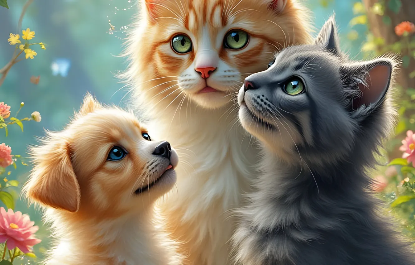 Photo wallpaper cat, summer, cat, look, flowers, nature, pose, grey