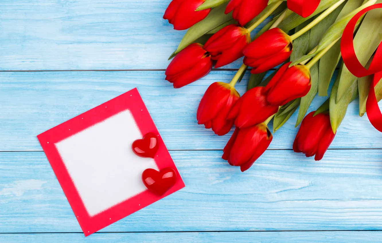 Photo wallpaper love, flowers, bouquet, hearts, tulips, red, red, love