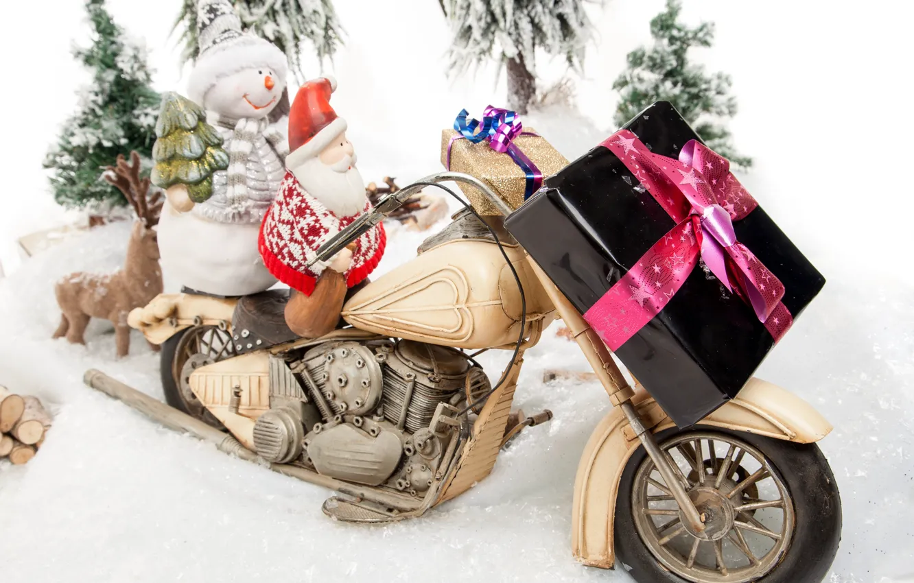 Photo wallpaper holiday, gift, toys, new year, motorcycle, snowman, decoration, Santa Claus