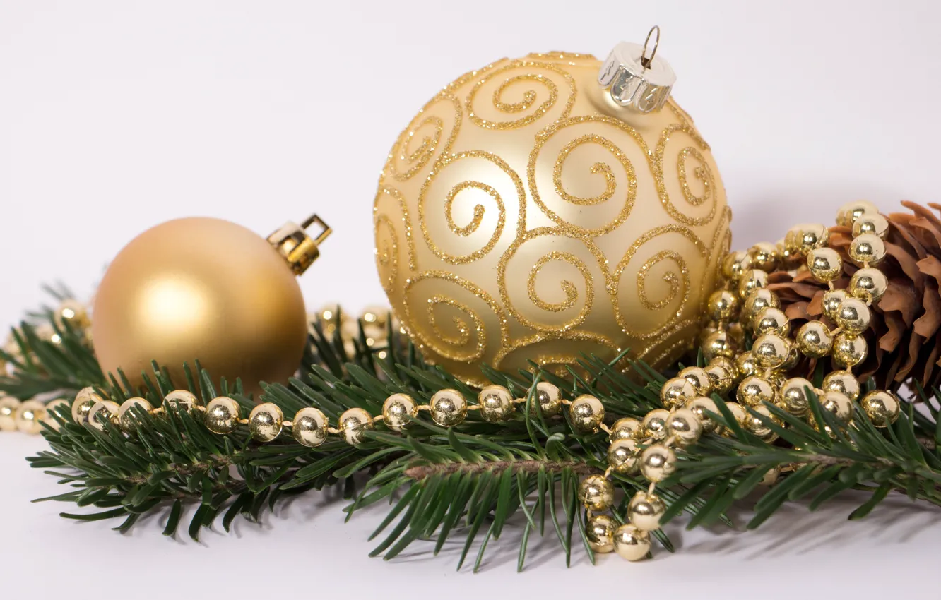 Photo wallpaper gold, holiday, toys, New year, beads, decoration, decor, spruce branch