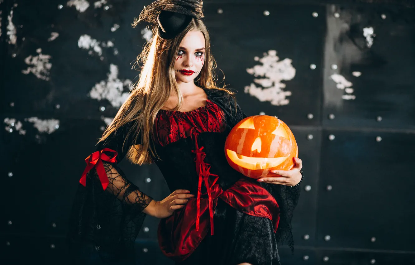 Photo wallpaper autumn, girl, the dark background, holiday, makeup, pumpkin, Halloween, witch