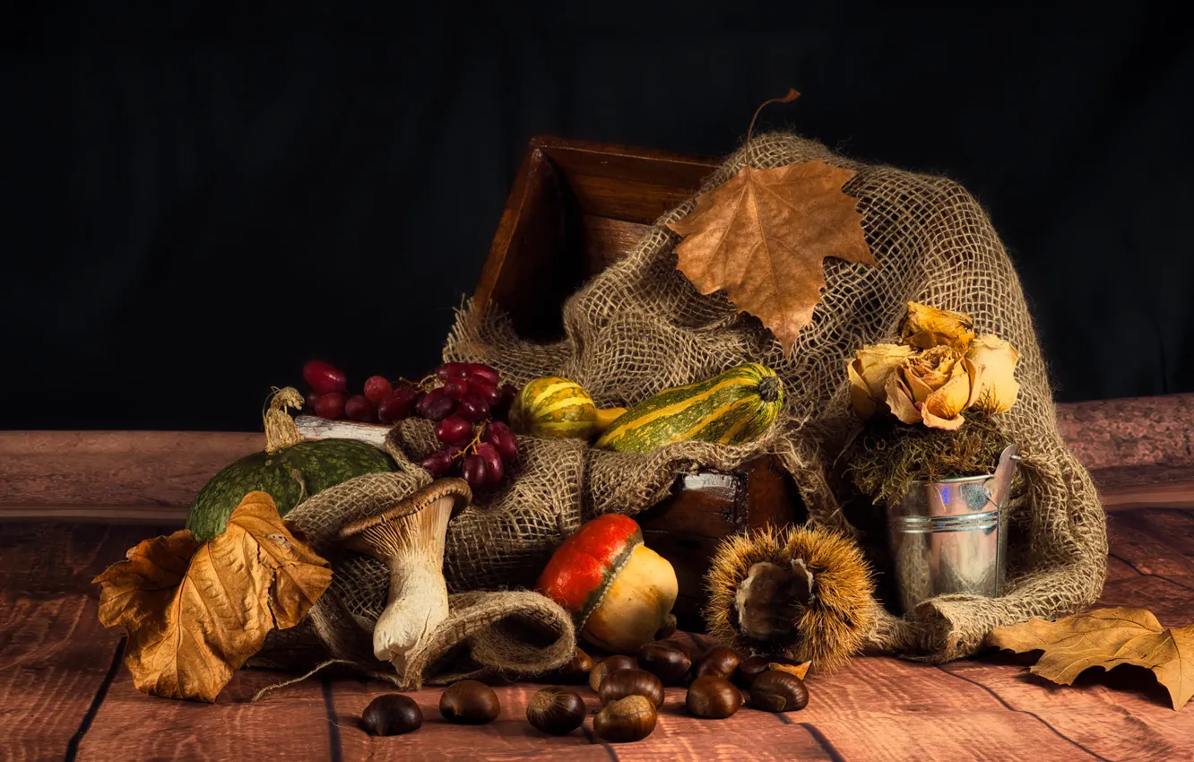 Photo wallpaper autumn, flowers, table, mushrooms, Board, roses, fruit, grapes