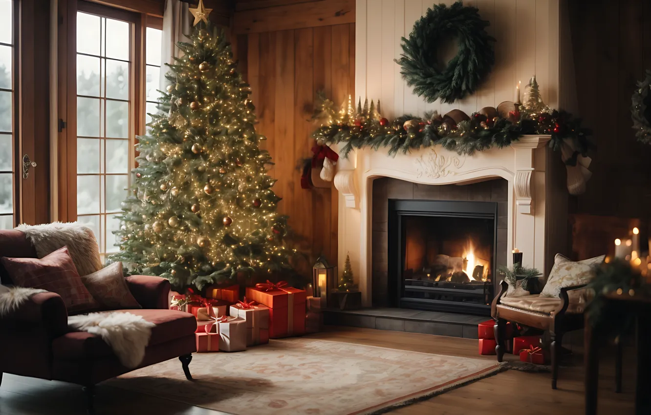 Photo wallpaper decoration, room, gift, balls, tree, new year, interior, Christmas