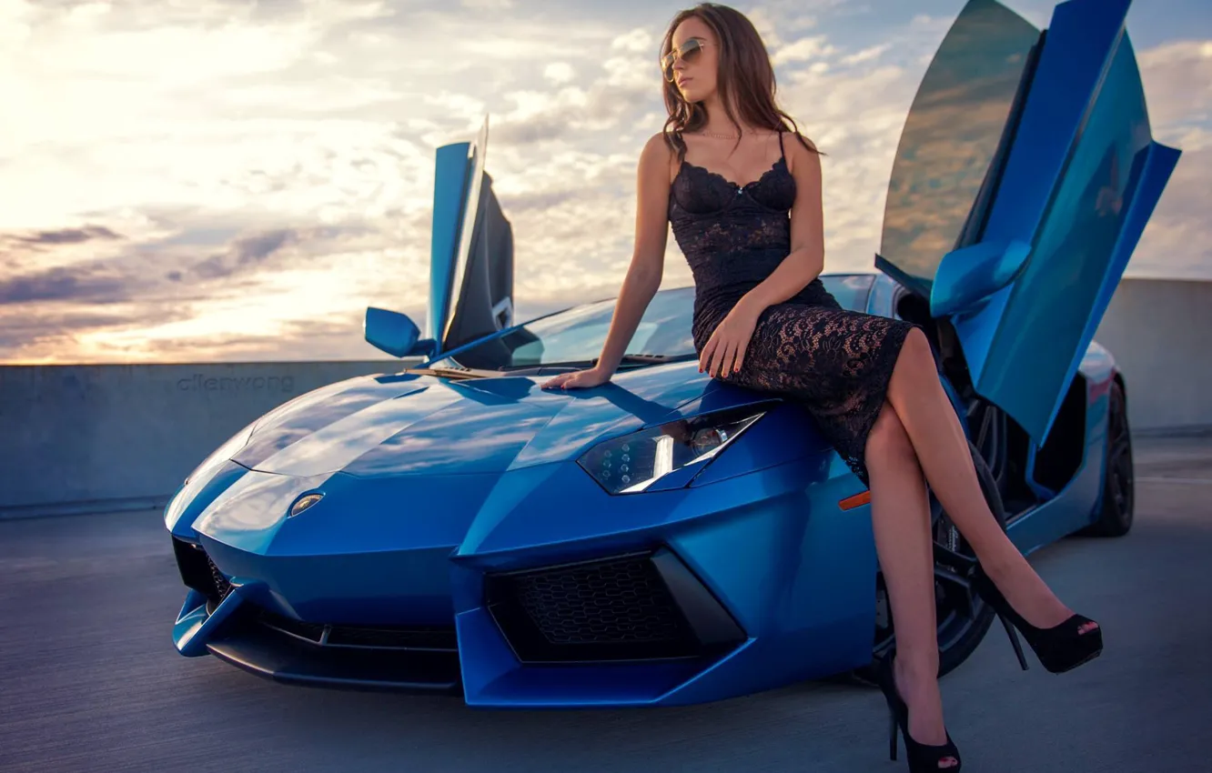 Photo wallpaper Lamborghini, Girl, Legs, Beautiful, Model, Blue, LP700-4, Aventador