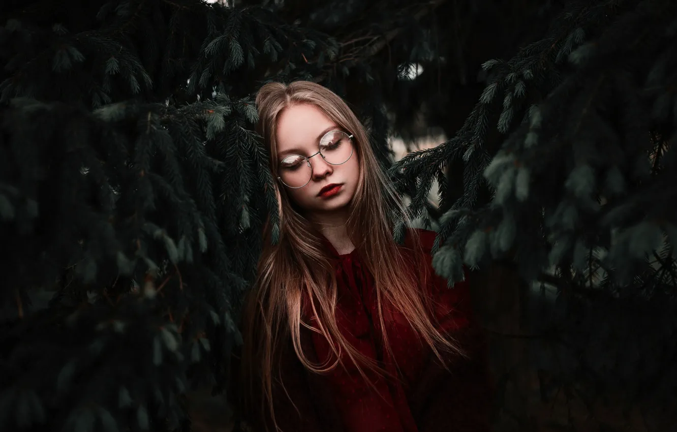 Photo wallpaper girl, branches, spruce, glasses, Artem Kosolapov