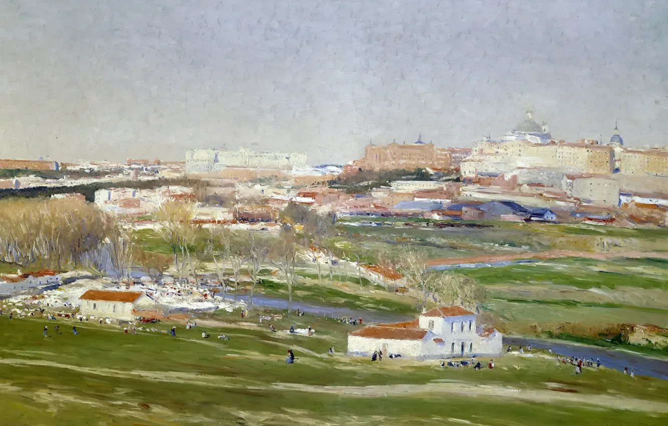 Photo wallpaper landscape, the city, river, people, home, picture, Aureliano de Beruete and Moret, The view on …