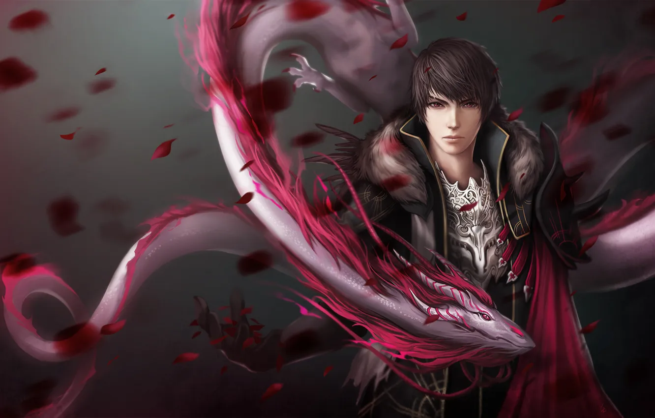 Photo wallpaper Spirit, guy, dragon, petals