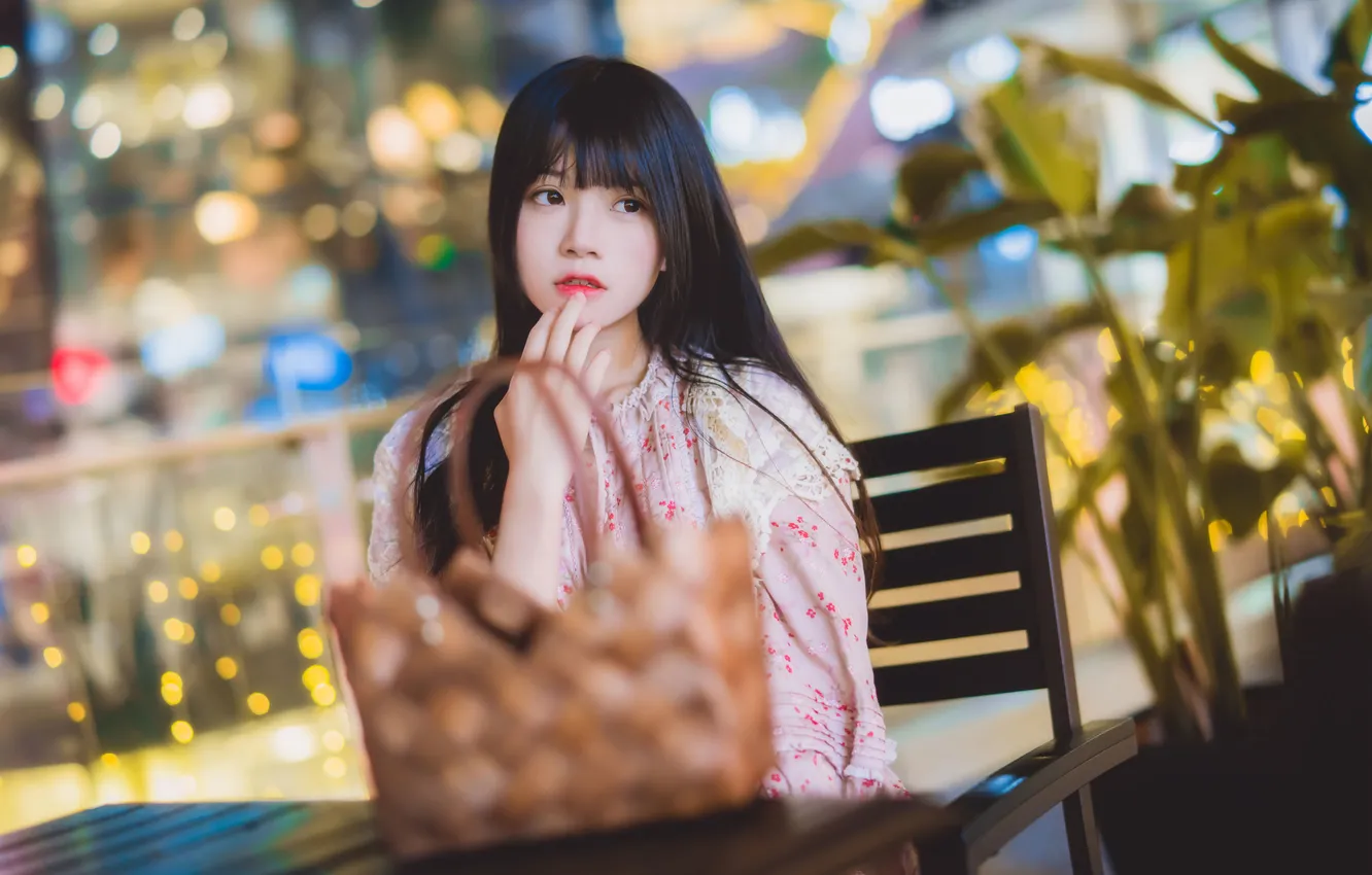 Photo wallpaper woman, beautiful, model, pretty, asian, bag, cute, plants