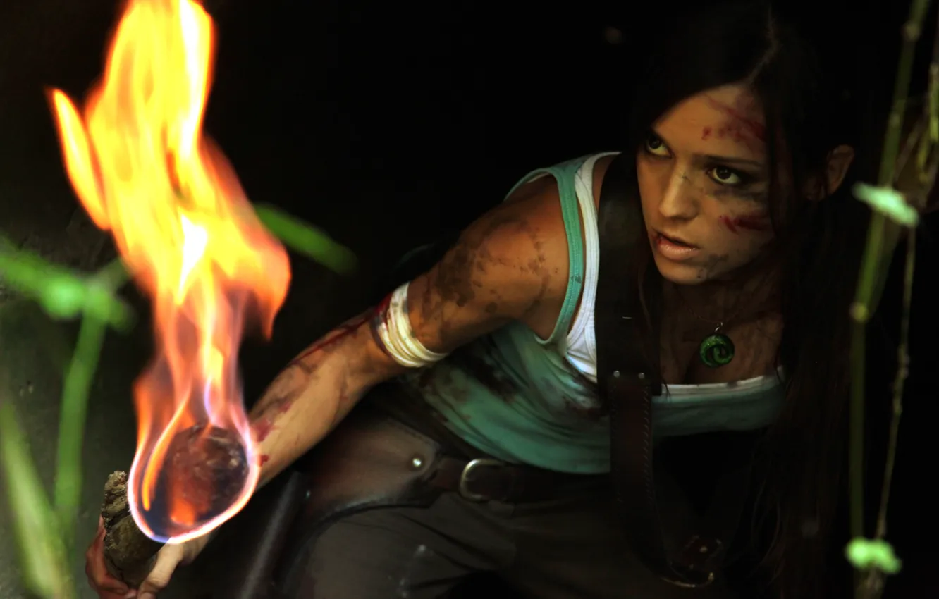 Photo wallpaper girl, lights, dirt, torch, Tomb Raider, cosplay, Lara Croft, Charly Brusseau