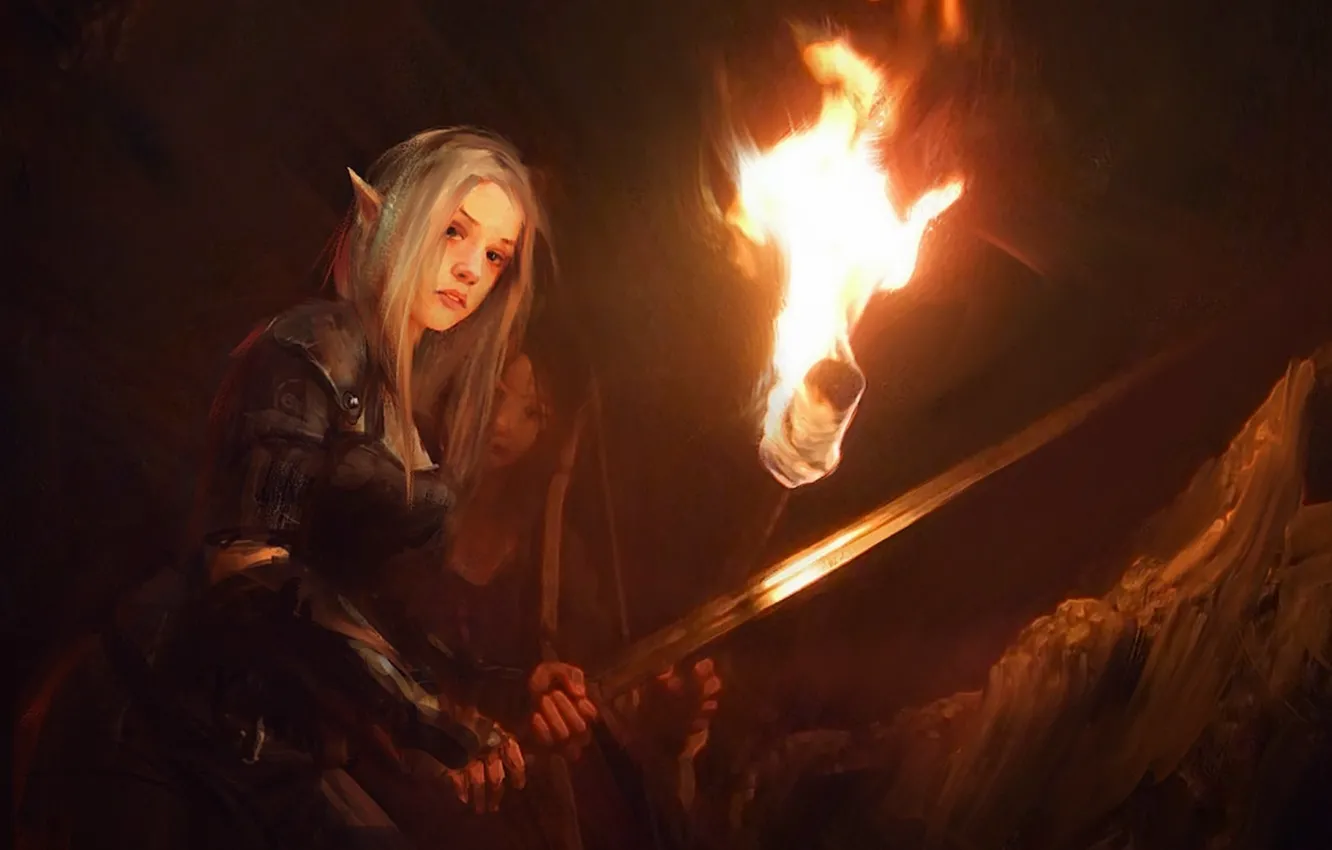 Photo wallpaper girl, lights, fantasy, elf, sword, armor, bow, art