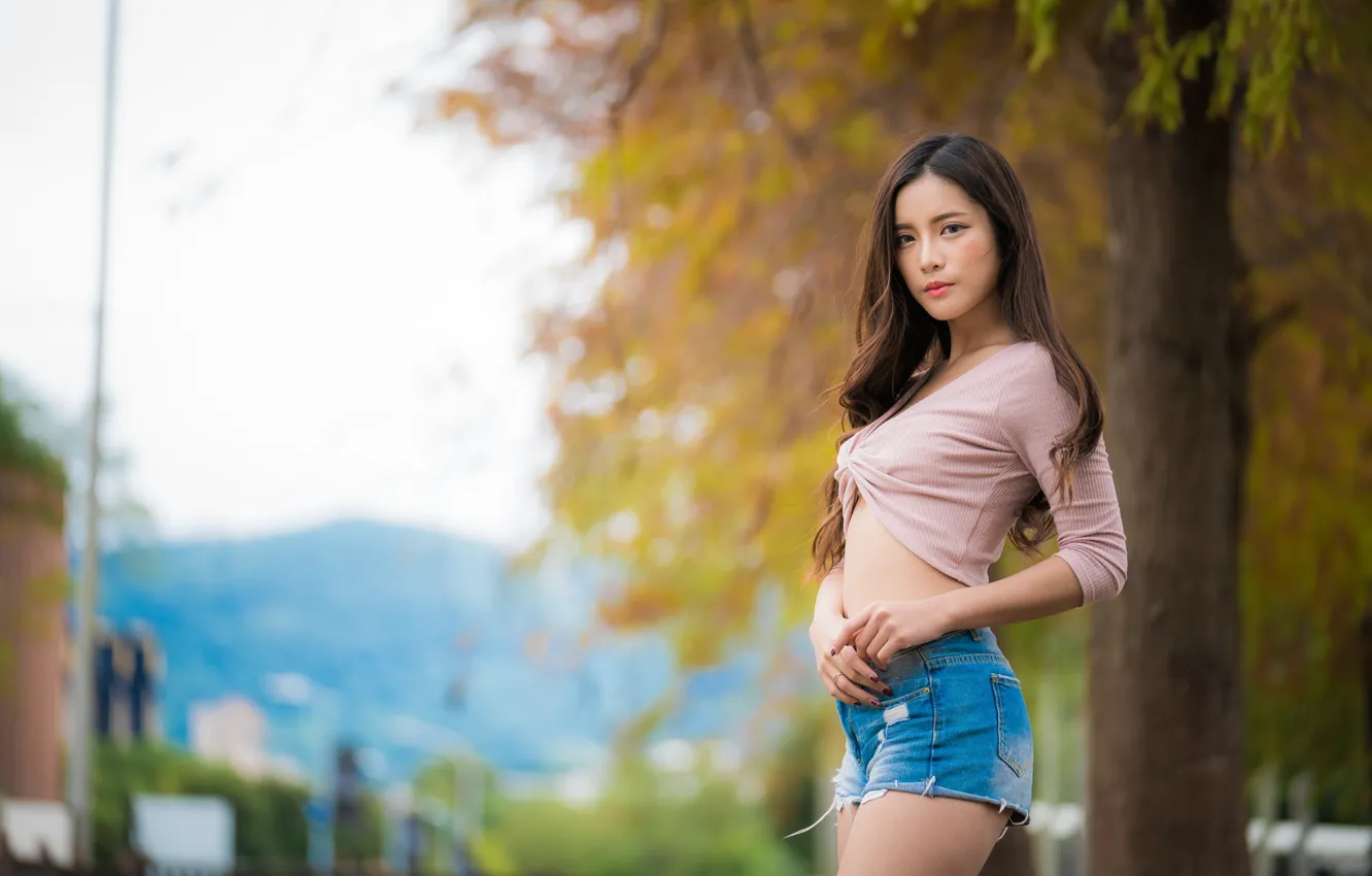 Photo wallpaper girl, pose, Asian, bokeh