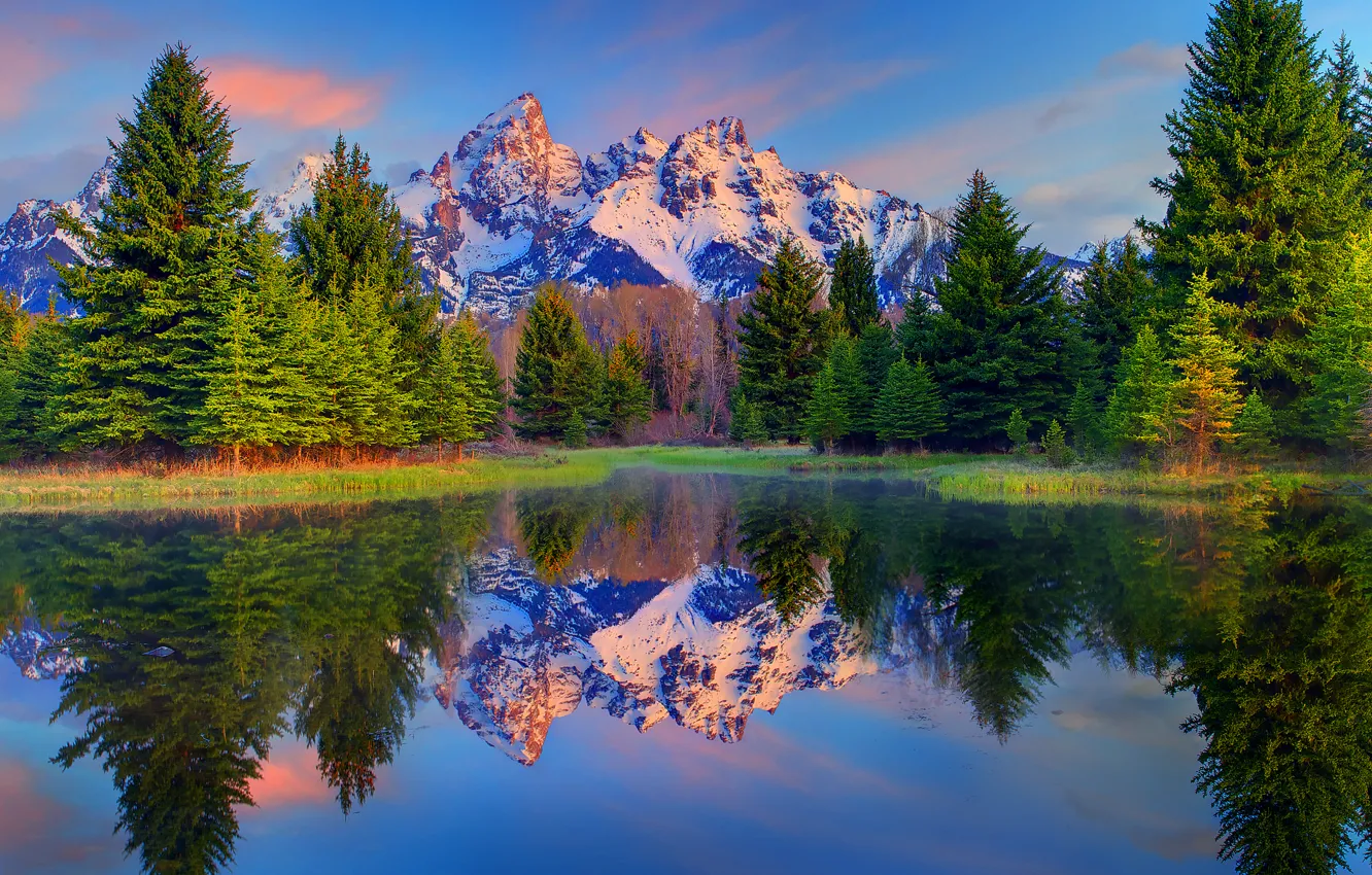 Photo wallpaper the sky, clouds, snow, trees, mountains, lake, reflection, spruce