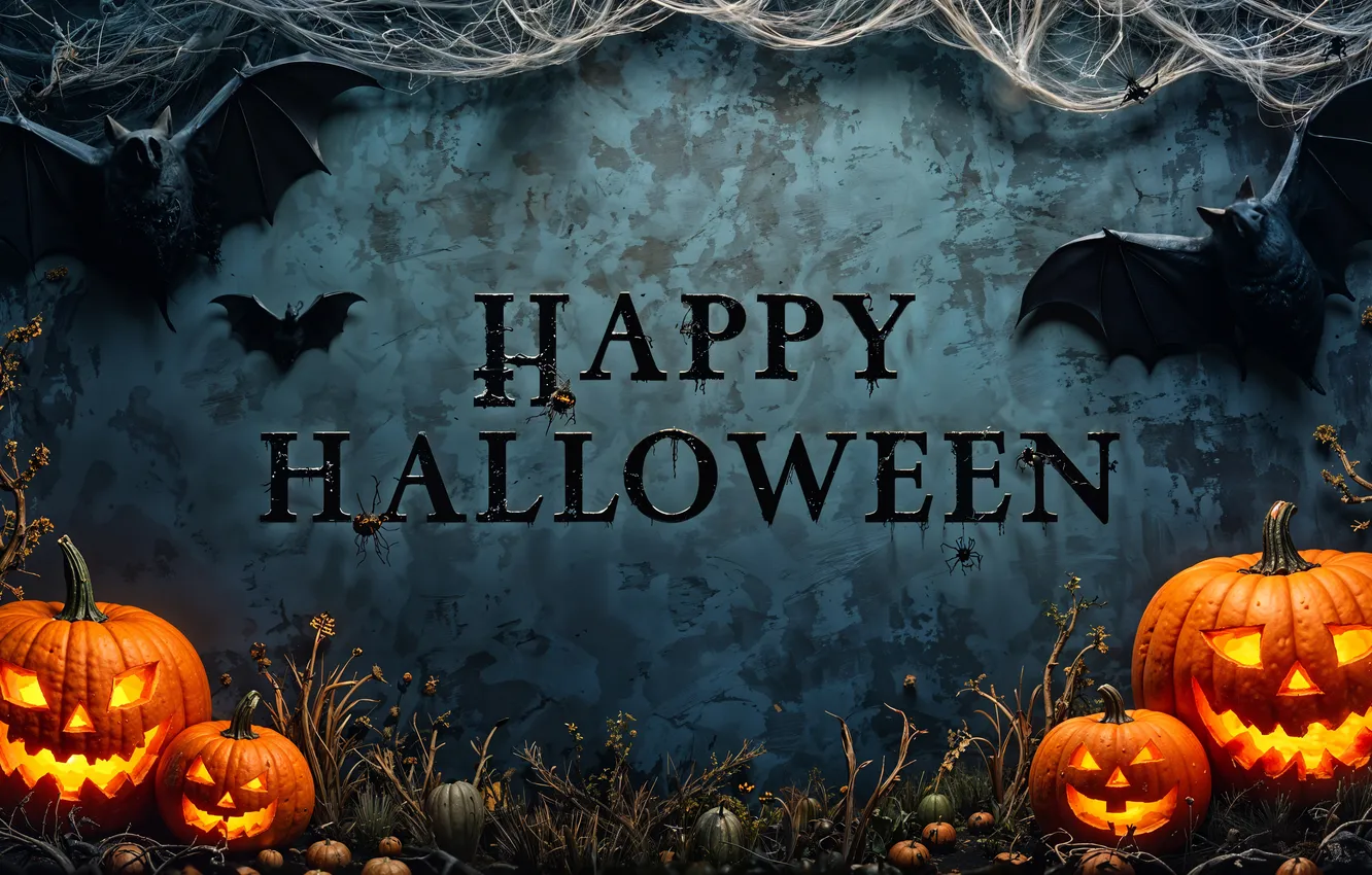 Photo wallpaper grass, wall, holiday, the inscription, web, bats, Jack, AI art