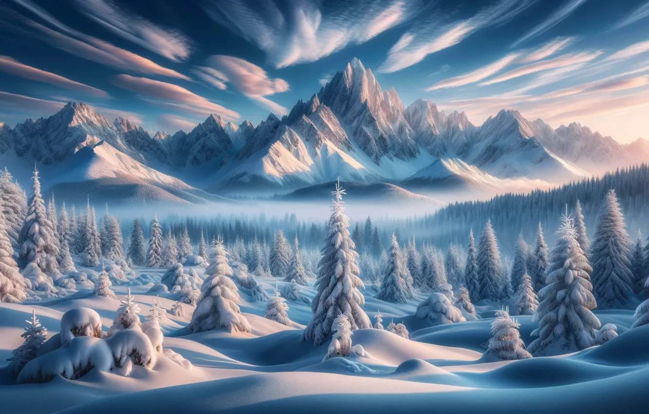 Photo wallpaper winter, frost, forest, the sky, clouds, light, snow, landscape