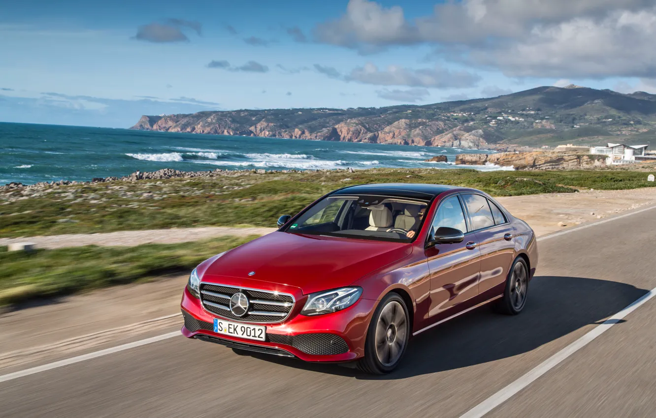 Photo wallpaper sea, the sky, clouds, the ocean, shore, coast, Mercedes-Benz, E-Class