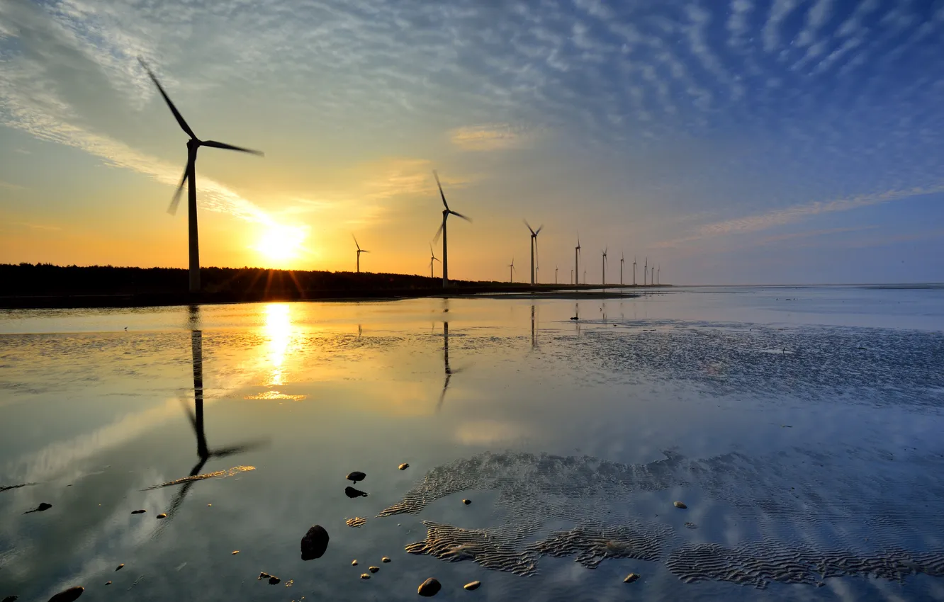 Photo wallpaper sea, water, sunset, stranded, blades, windmills