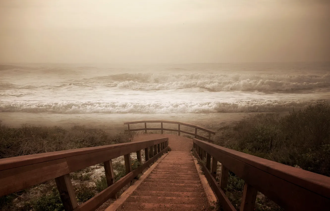 Photo wallpaper sea, wave, fog, shore, ladder