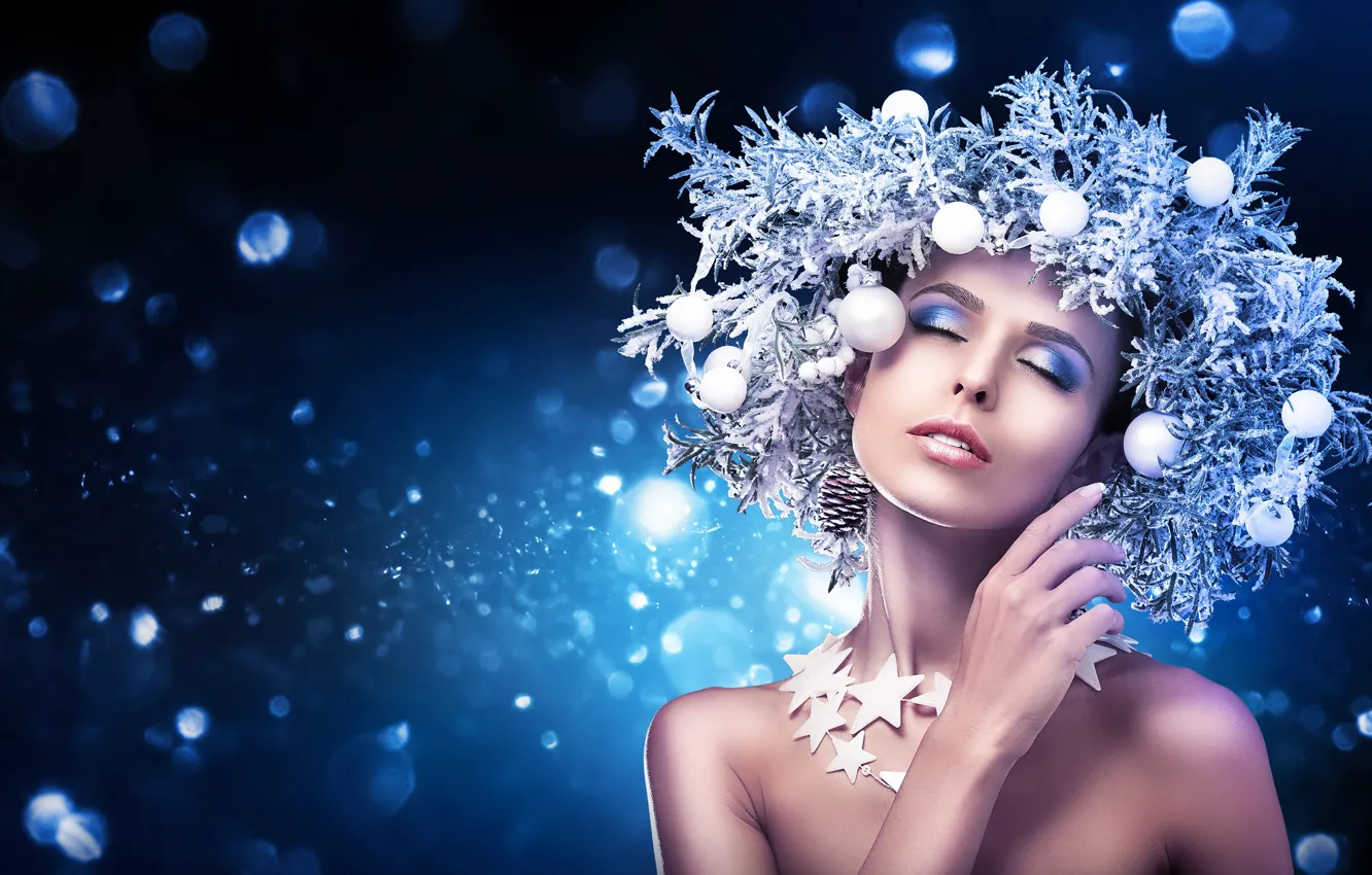 Photo wallpaper girl, balls, decoration, face, glare, blue, background, holiday