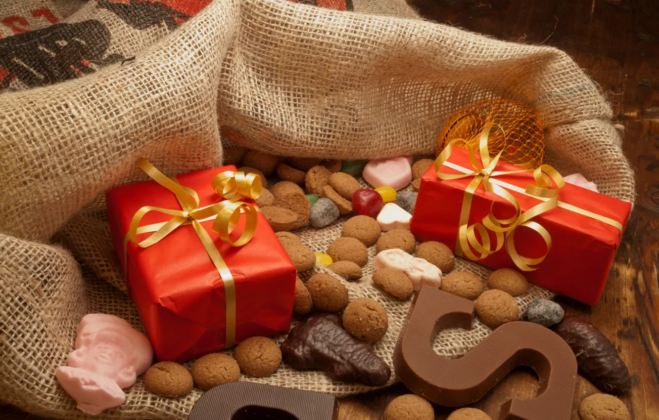 Photo wallpaper holiday, new year, chocolate, cookies, gifts, bag, cakes