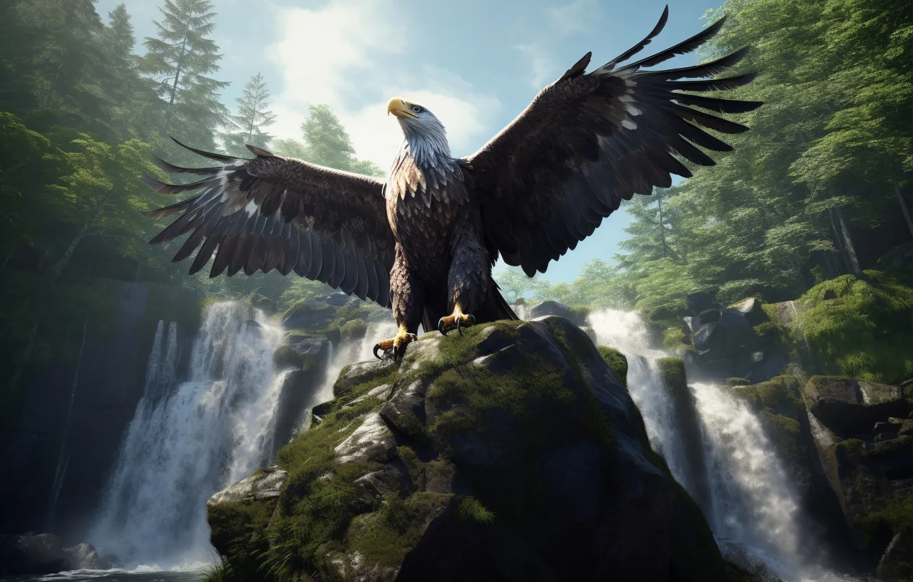 Photo wallpaper trees, stones, bird, eagle, waterfall, wings, predator, bald eagle