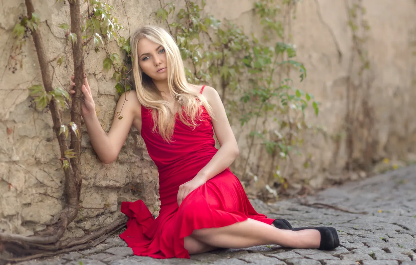 Photo wallpaper pose, mood, blonde, red dress, bridge, Robert Chrenka