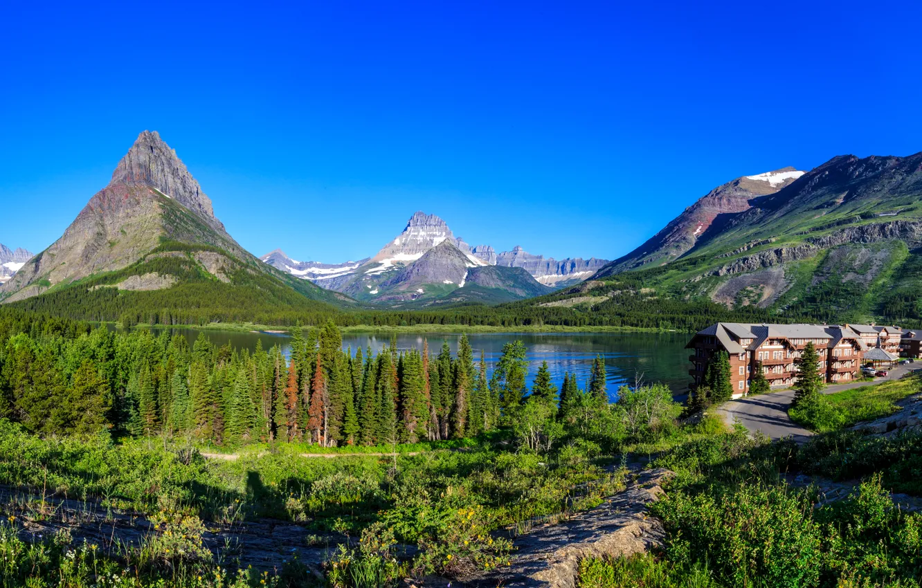 Photo wallpaper forest, the sky, trees, mountains, lake, blue, home, Montana