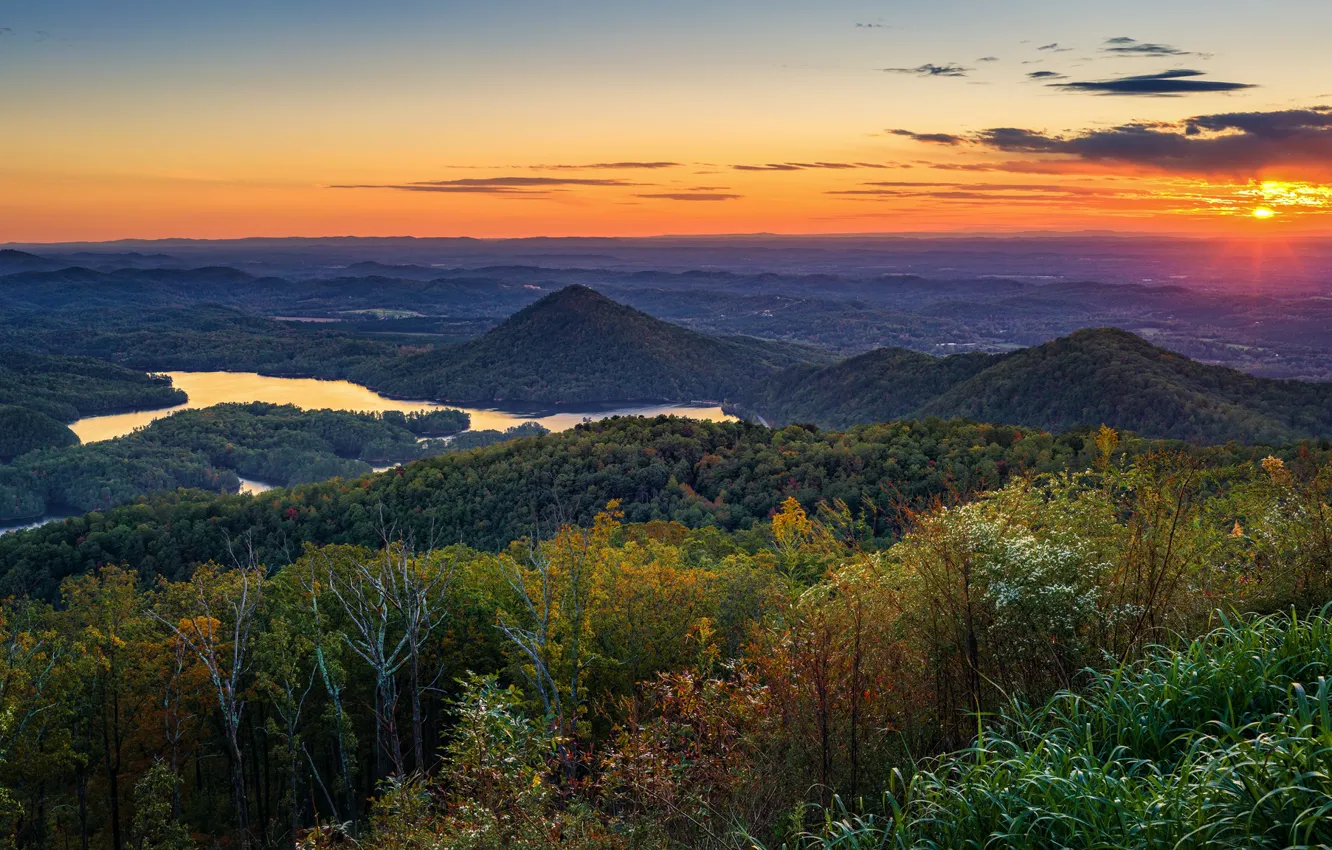 Photo wallpaper autumn, forest, sunset, mountains, river, hills, view, height