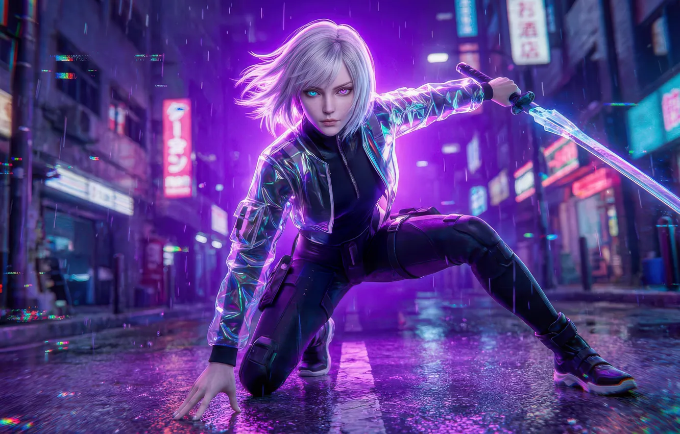 Photo wallpaper girl, sword, white, neon, haired