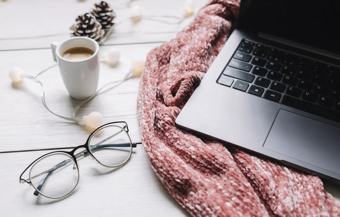 Photo wallpaper winter, scarf, glasses, laptop, winter, cup, coffee, glasses