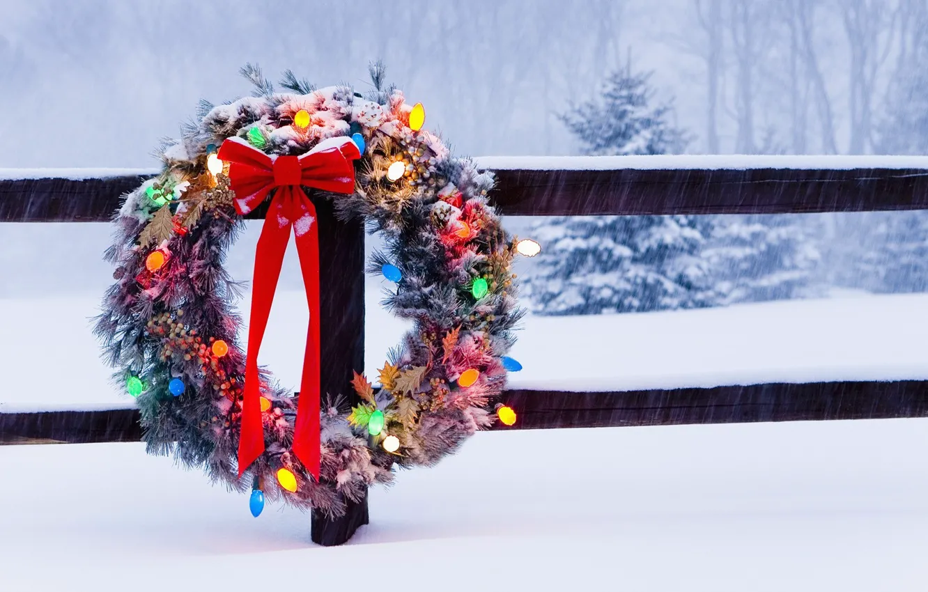 Photo wallpaper winter, trees, holiday, the fence, Christmas, tape, bow, wreath