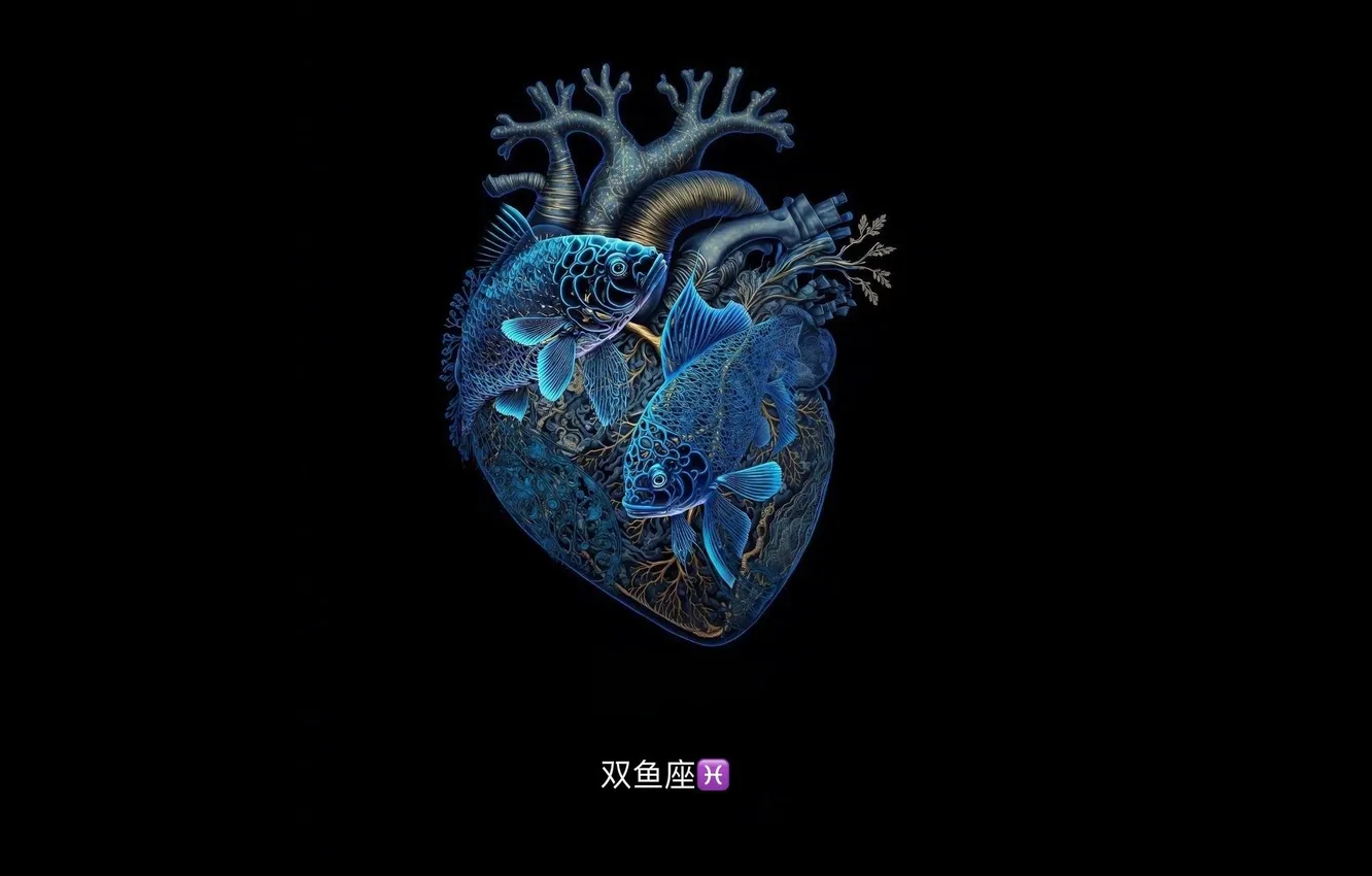 Photo wallpaper heart, fish, black background, zodiac sign