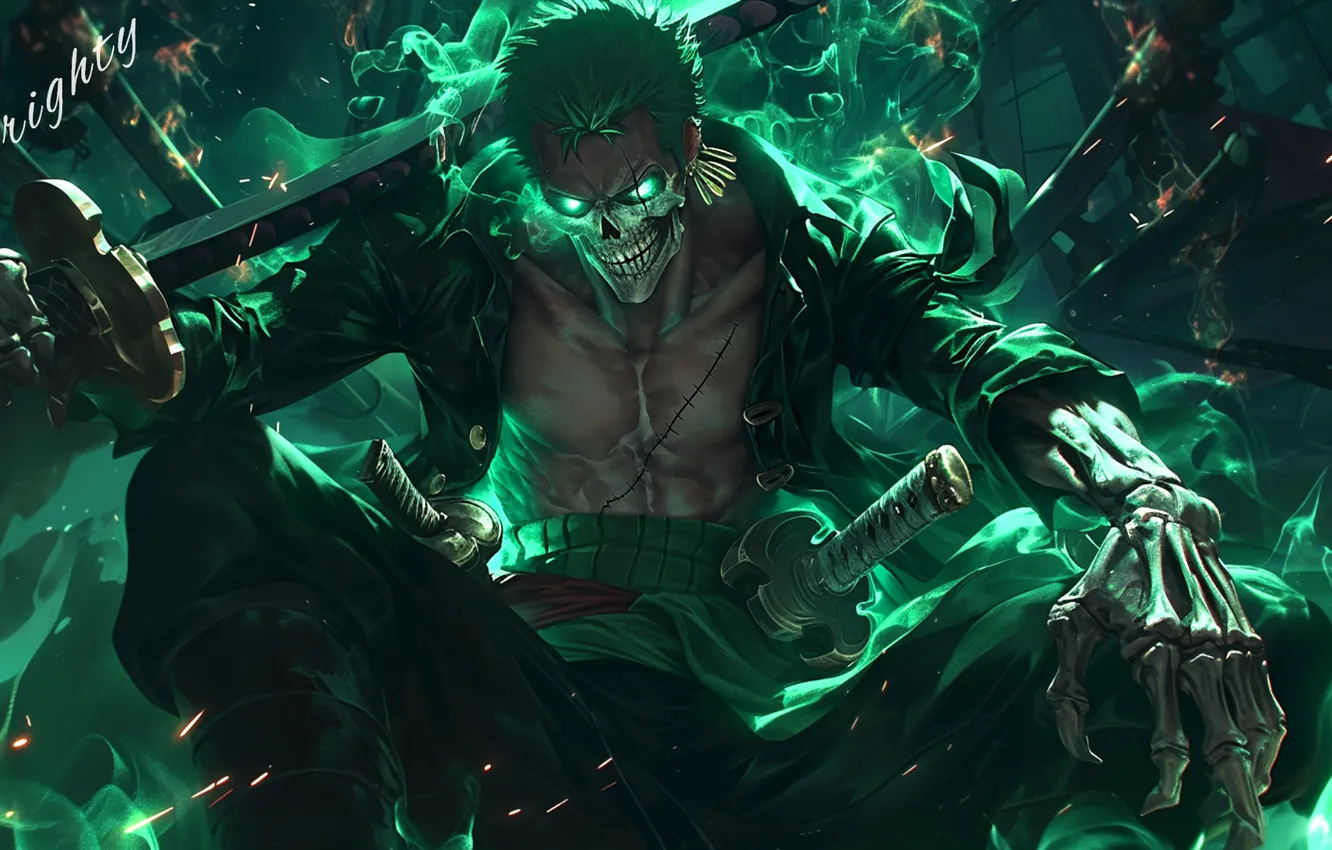 Photo wallpaper green, demon, sake, devil, pirate, one piece, power, katana