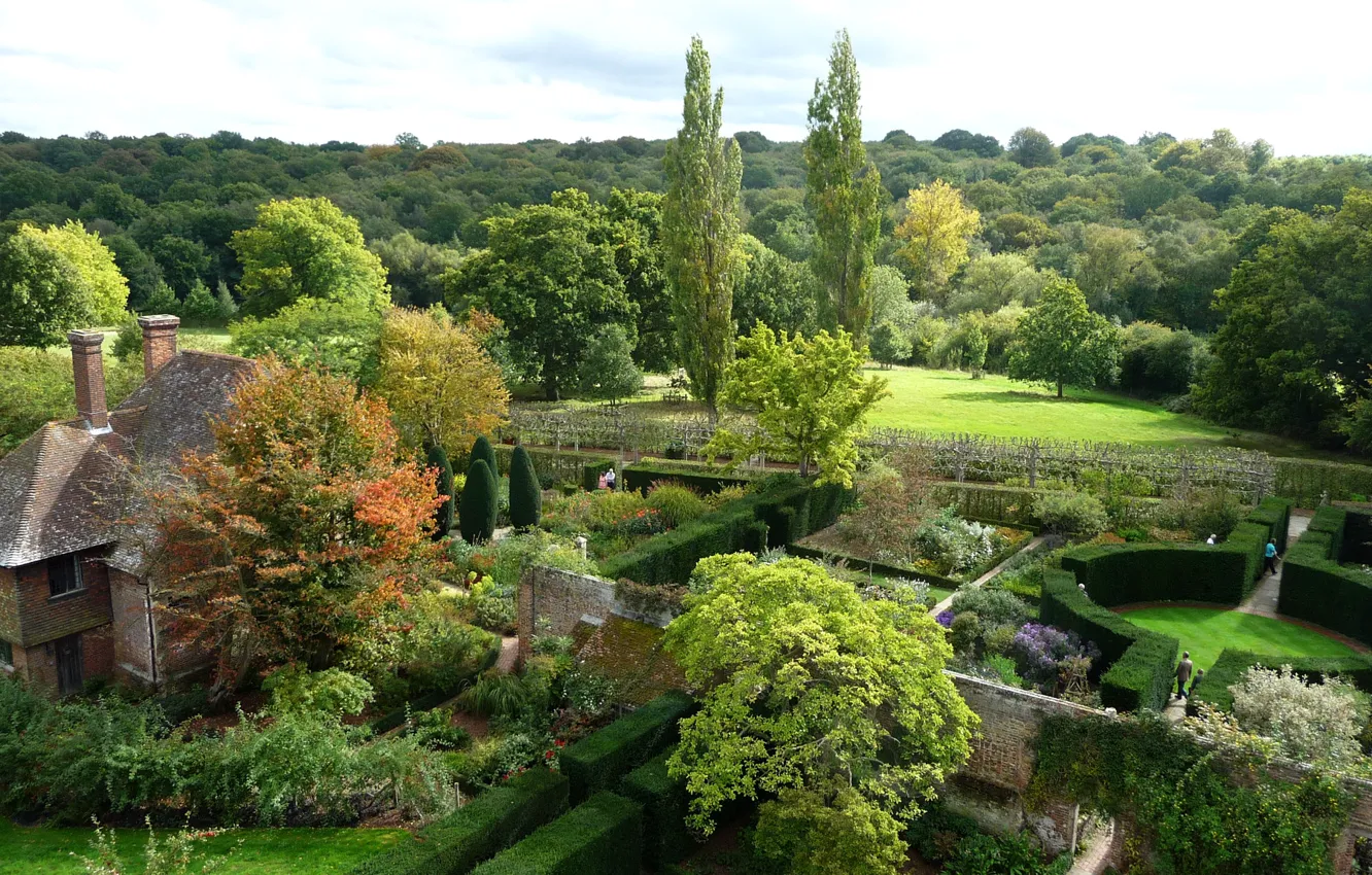 Photo wallpaper trees, design, house, Park, the fence, England, garden, the bushes
