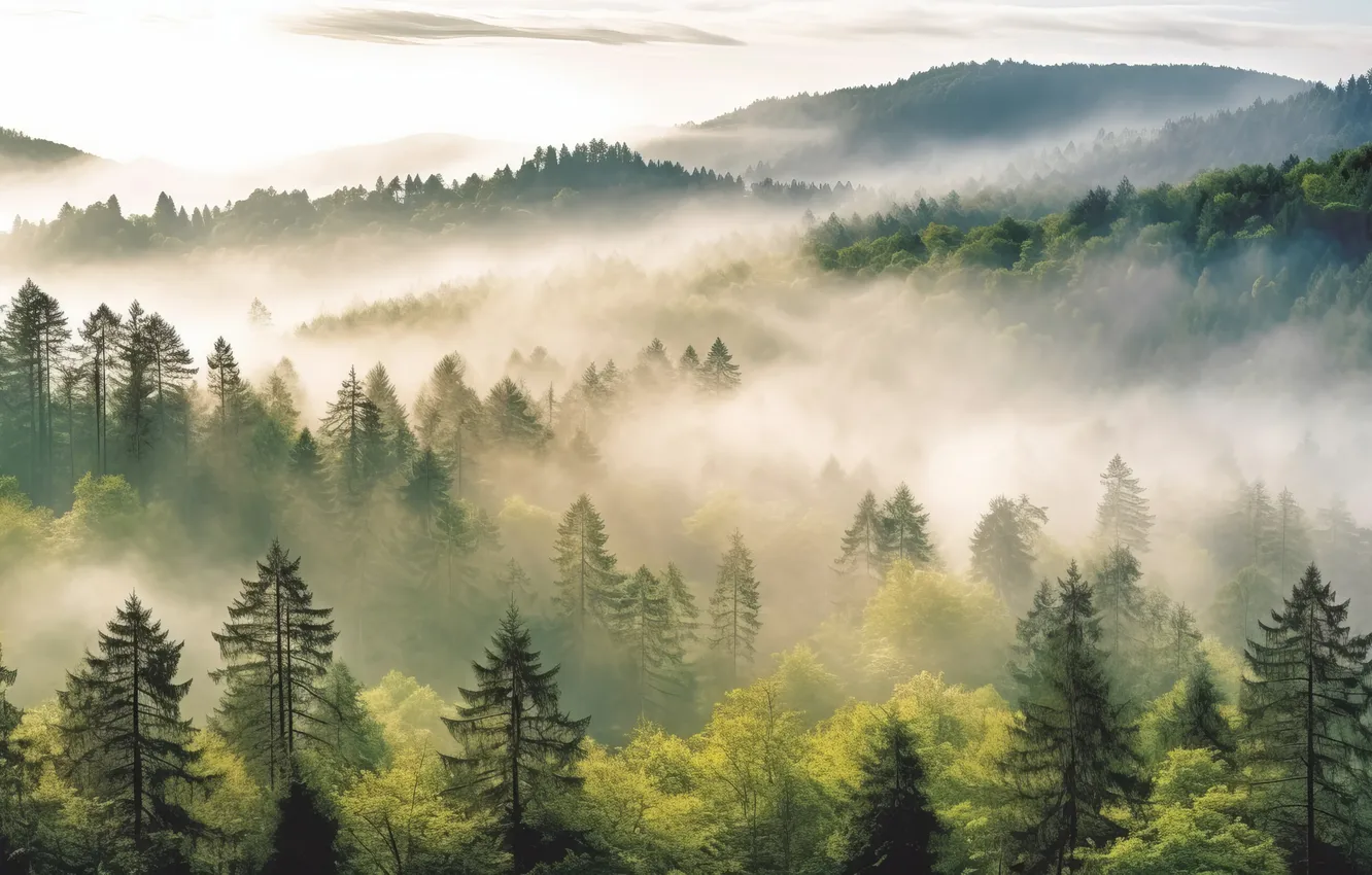 Photo wallpaper forest, trees, landscape, nature, art, mist, National Park