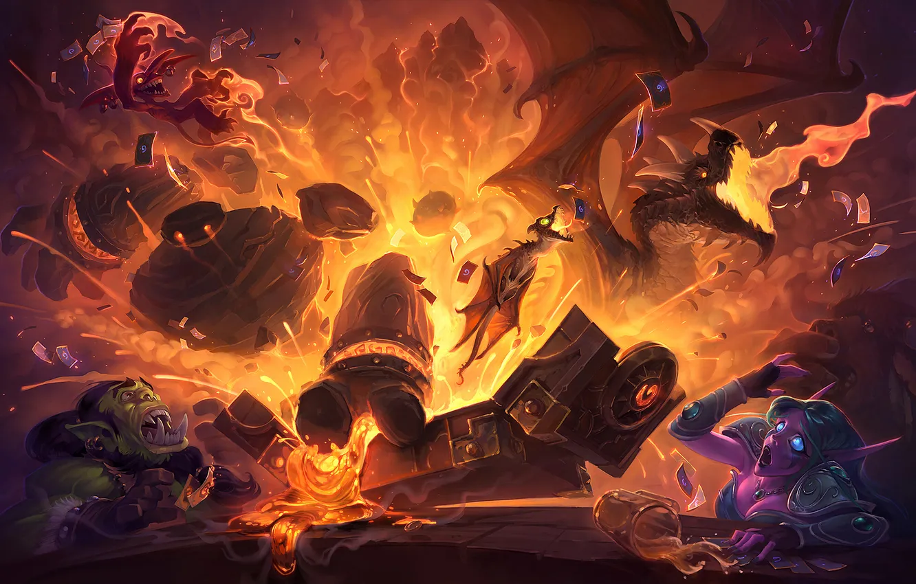 Photo wallpaper the explosion, fire, dragon, elf, Orc, hearthstone, Hearthstone: Heroes of Warcraft, blackrock mountain
