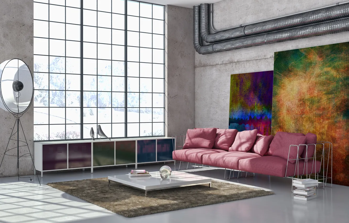 Photo wallpaper room, sofa, carpet, picture, pillow, window, book, table