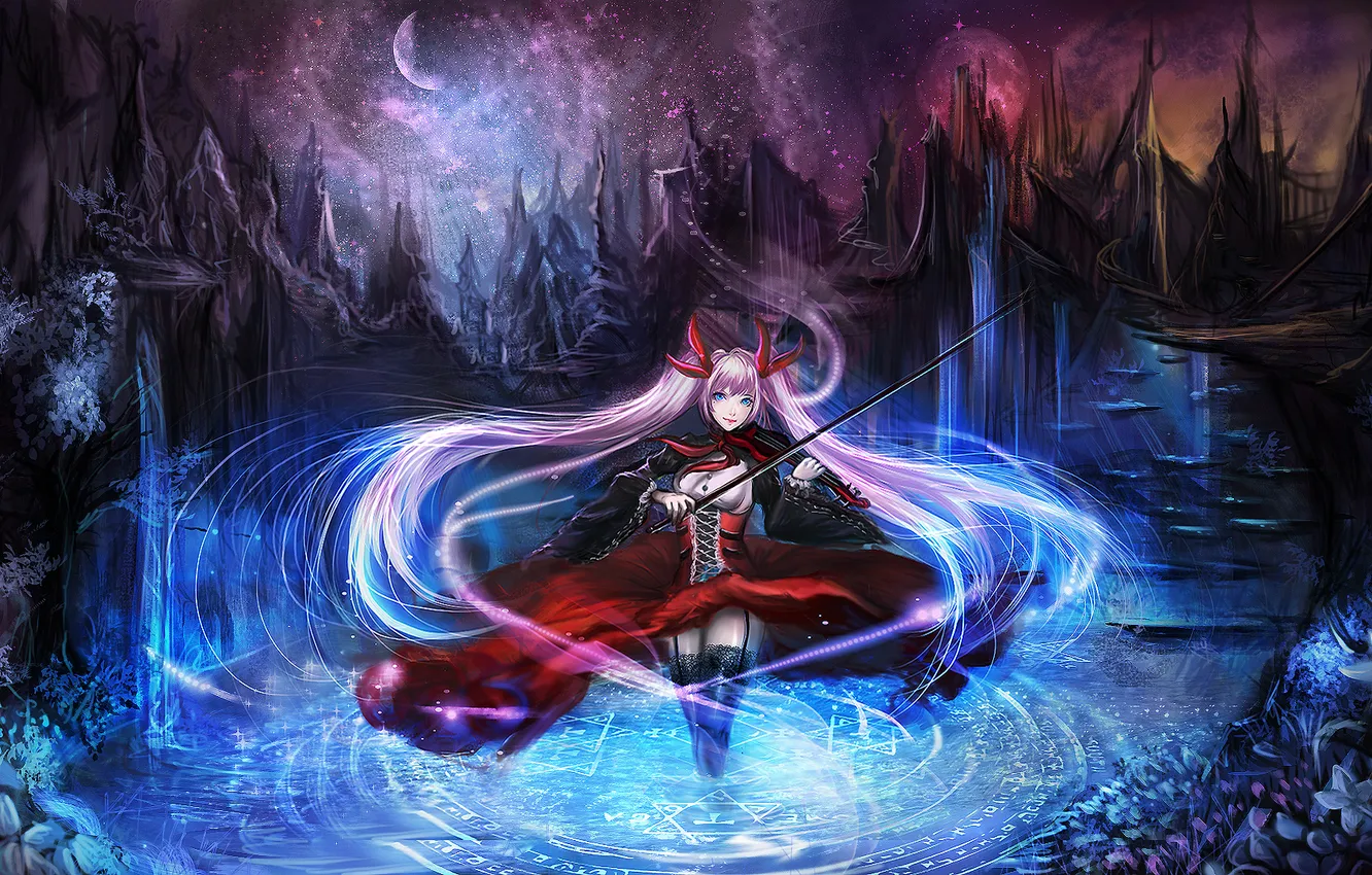 Photo wallpaper girl, night, violin, moonlight