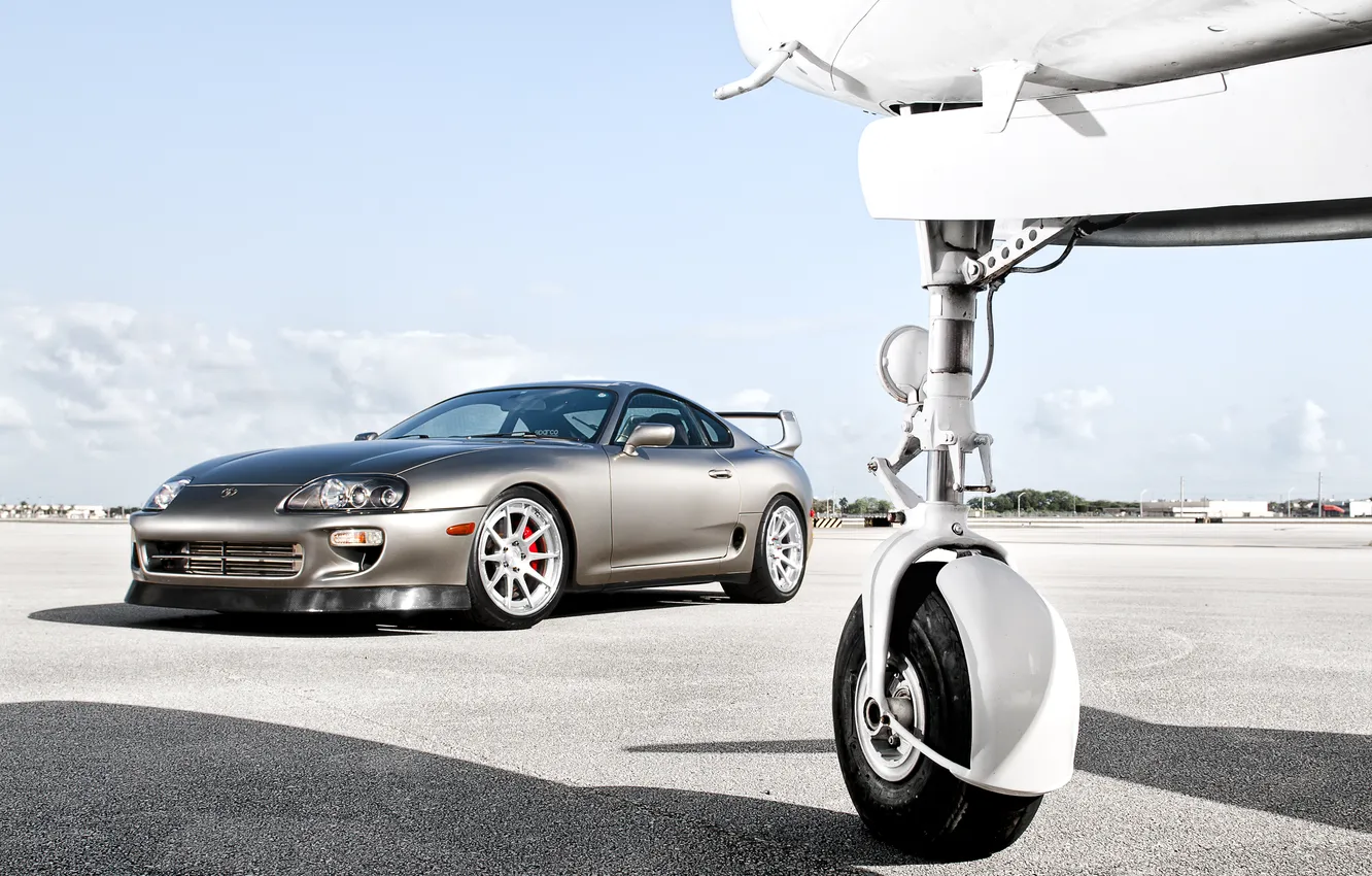 Photo wallpaper the sky, clouds, shadow, Toyota, the plane, silver, chassis, Supra