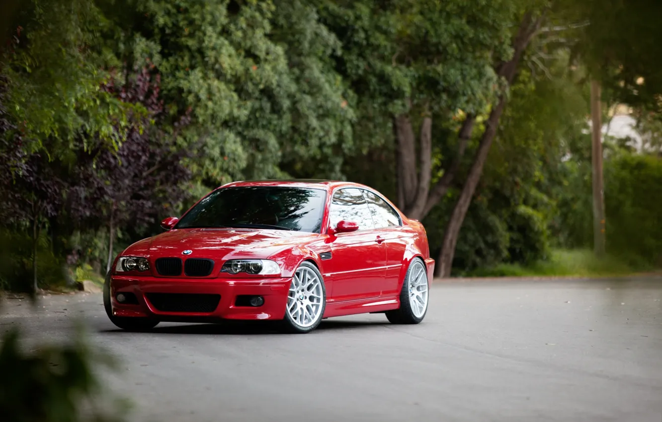 Photo wallpaper trees, red, reflection, view, bmw, BMW, red, front