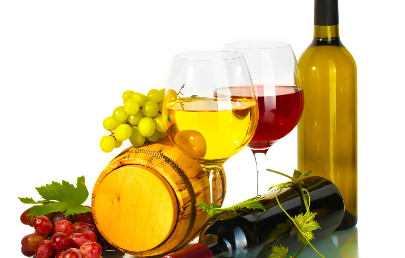Photo wallpaper wine, red, white, glasses, bottle, barrel, vine. grapes