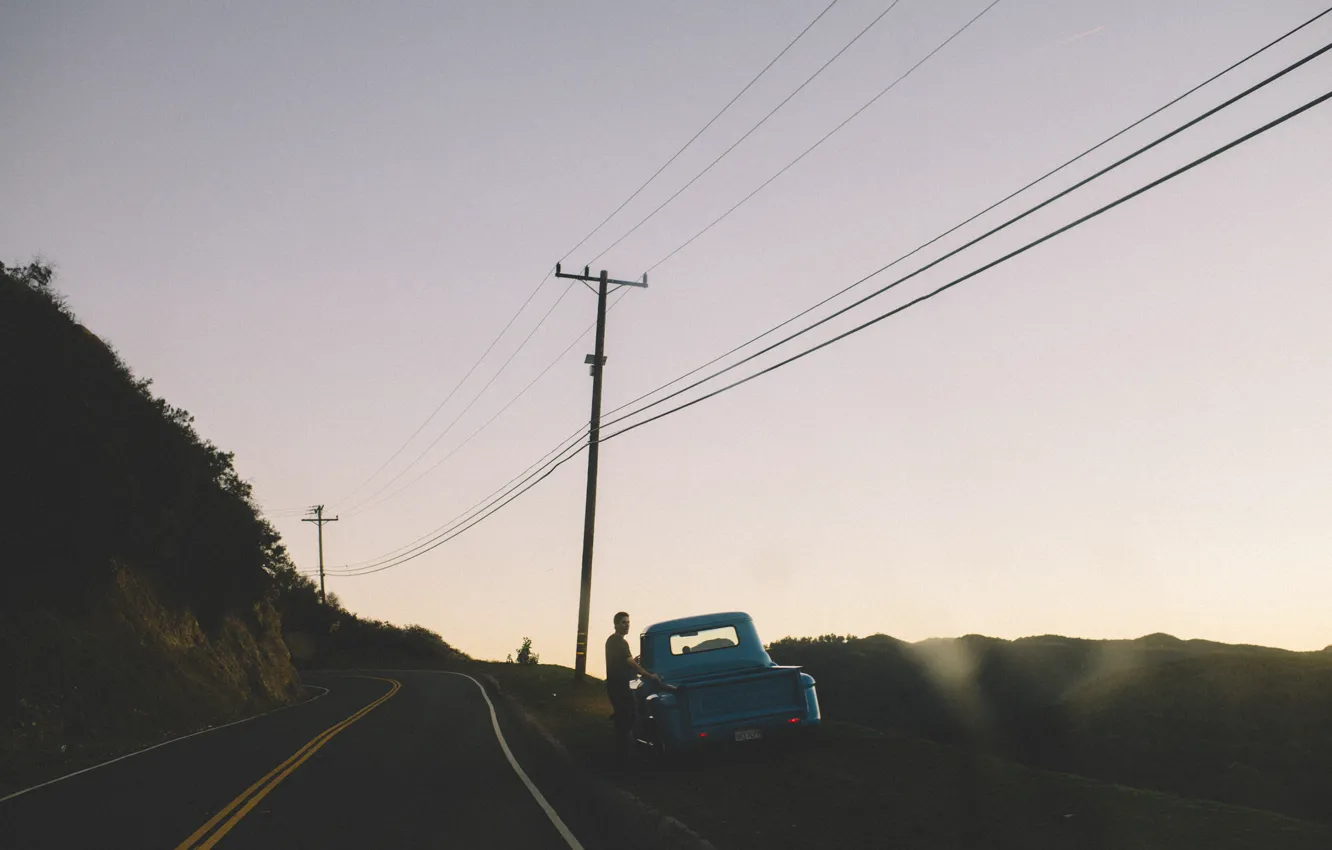 Photo wallpaper road, the sky, Chevrolet, male, twilight, power line, Pick Up