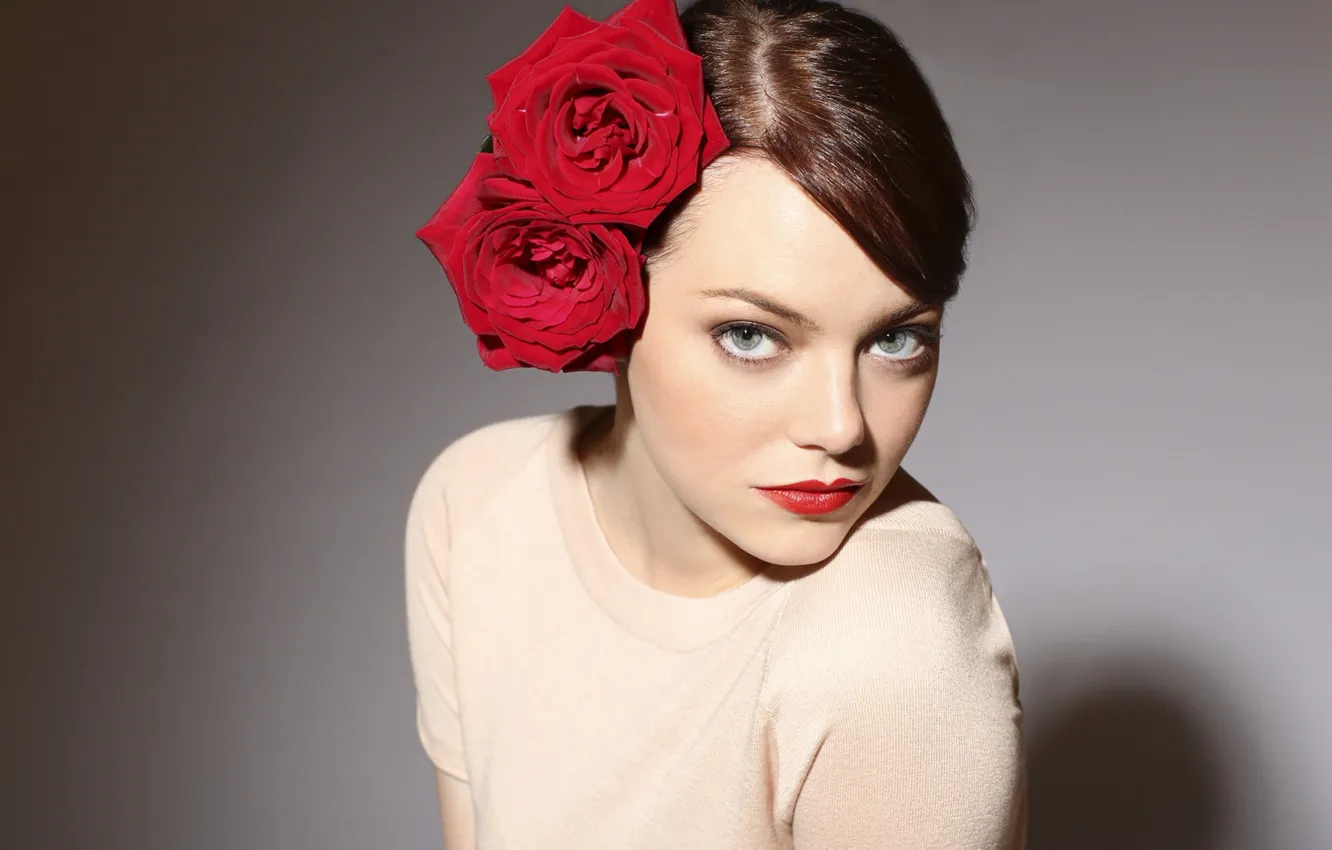 Photo wallpaper red, background, roses, makeup, actress, hairstyle, photographer, brown hair