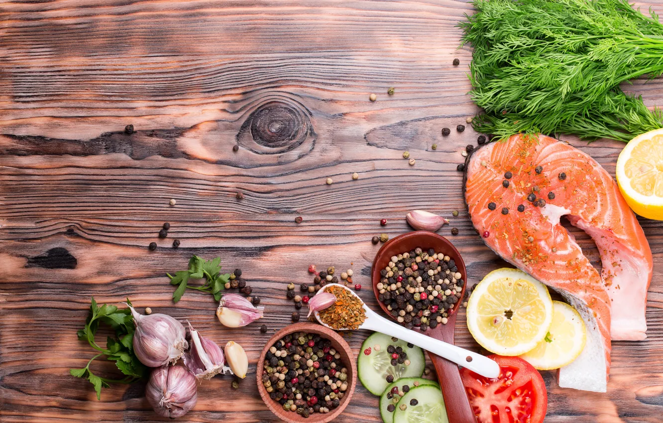 Photo wallpaper lemon, fish, lemon, vegetables, tomatoes, fish, seafood, spices