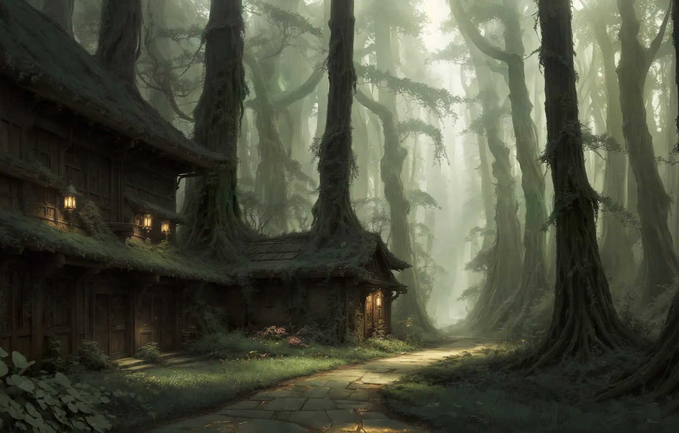 Photo wallpaper pathway, forest, hut, original ai-artwork, digital art, fantasy art, thicket, art