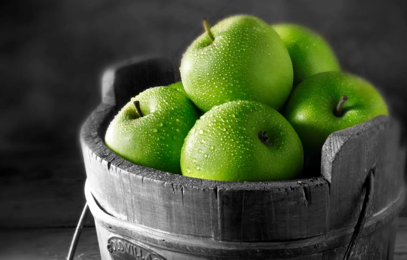 Photo wallpaper drops, macro, photo, apples, green, fruit, picture, vitamins